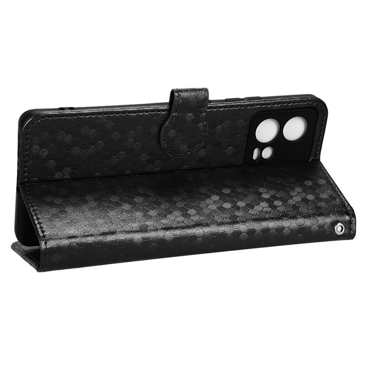 For Motorola Moto S30 Pro 5G PU Leather Dot Pattern Imprinted Stand Case Shockproof Phone Wallet Cover with Strap - Black