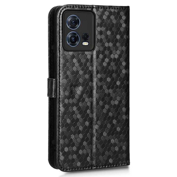 For Motorola Moto S30 Pro 5G PU Leather Dot Pattern Imprinted Stand Case Shockproof Phone Wallet Cover with Strap - Black