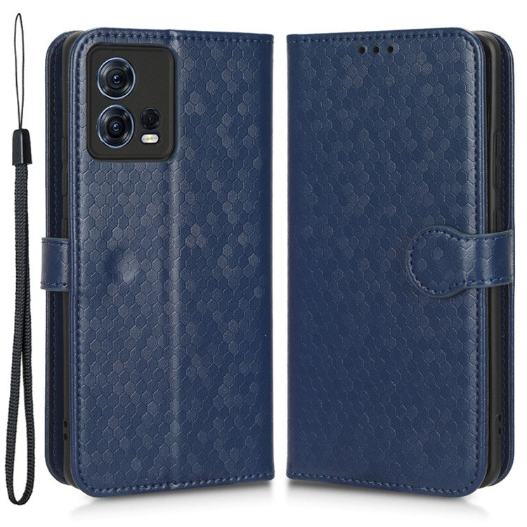 For Motorola Moto S30 Pro 5G PU Leather Dot Pattern Imprinted Stand Case Shockproof Phone Wallet Cover with Strap - Dark Blue