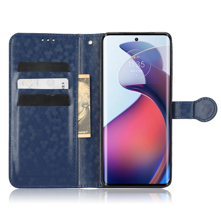 For Motorola Moto S30 Pro 5G PU Leather Dot Pattern Imprinted Stand Case Shockproof Phone Wallet Cover with Strap - Dark Blue