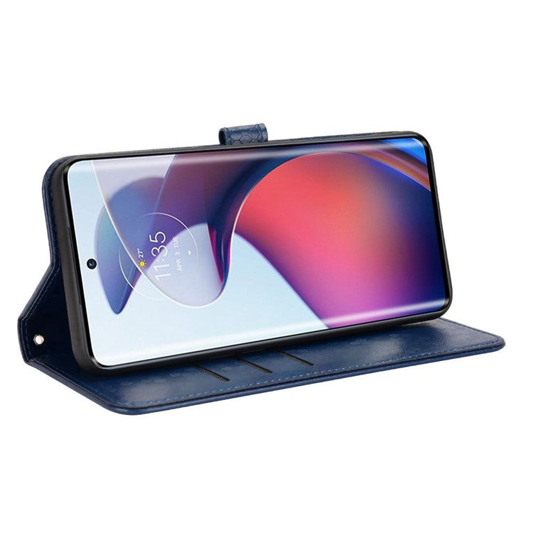 For Motorola Moto S30 Pro 5G PU Leather Dot Pattern Imprinted Stand Case Shockproof Phone Wallet Cover with Strap - Dark Blue