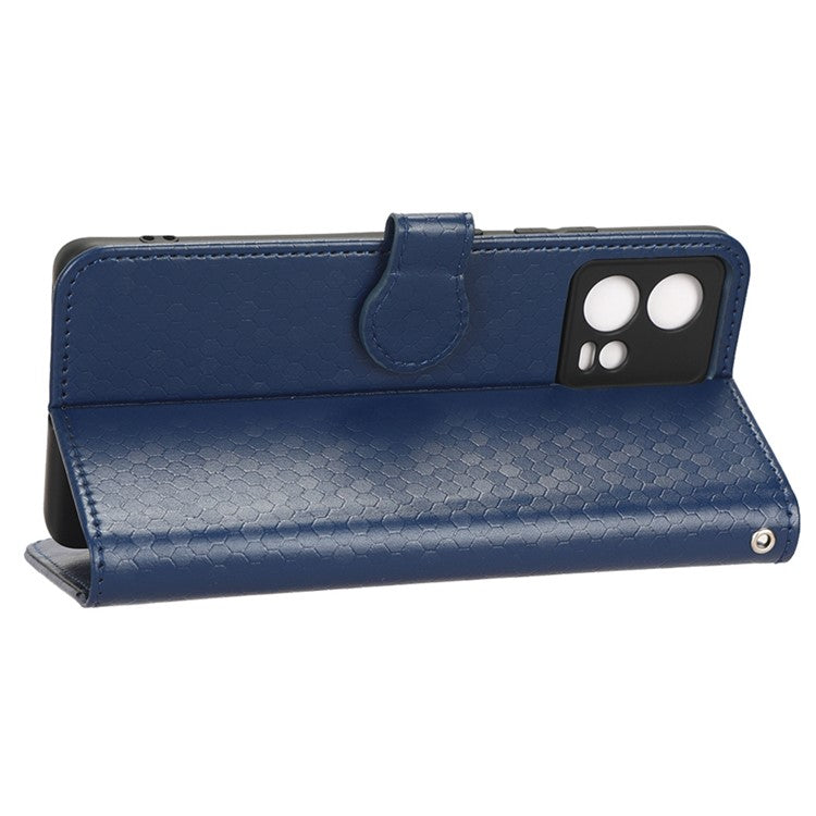 For Motorola Moto S30 Pro 5G PU Leather Dot Pattern Imprinted Stand Case Shockproof Phone Wallet Cover with Strap - Dark Blue