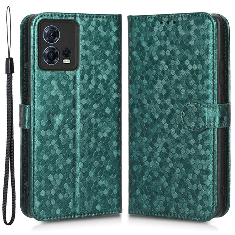 For Motorola Moto S30 Pro 5G PU Leather Dot Pattern Imprinted Stand Case Shockproof Phone Wallet Cover with Strap - Green