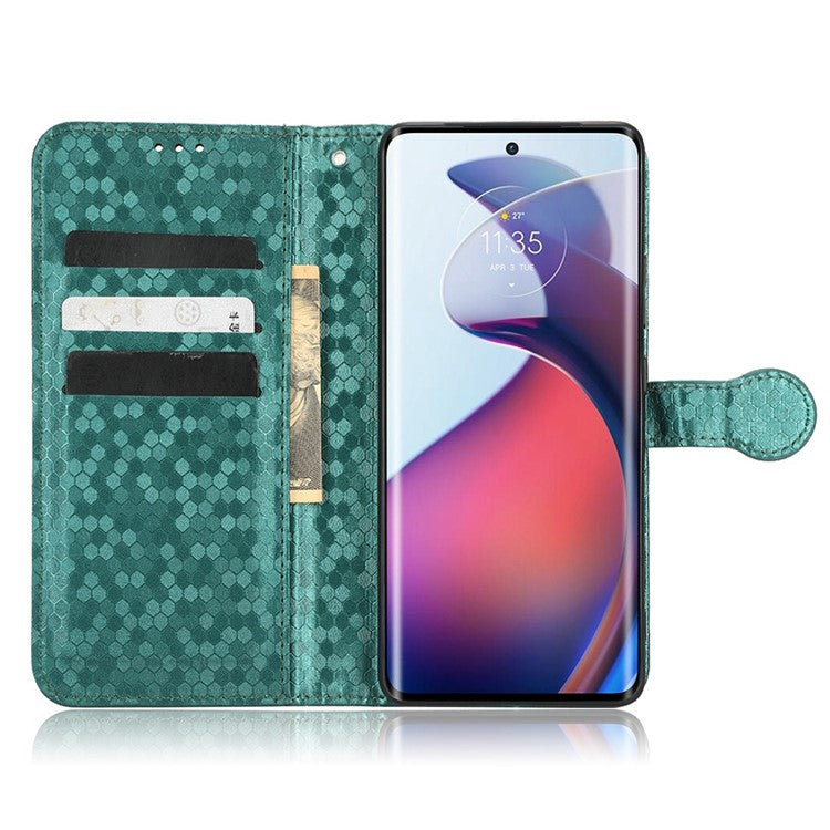 For Motorola Moto S30 Pro 5G PU Leather Dot Pattern Imprinted Stand Case Shockproof Phone Wallet Cover with Strap - Green