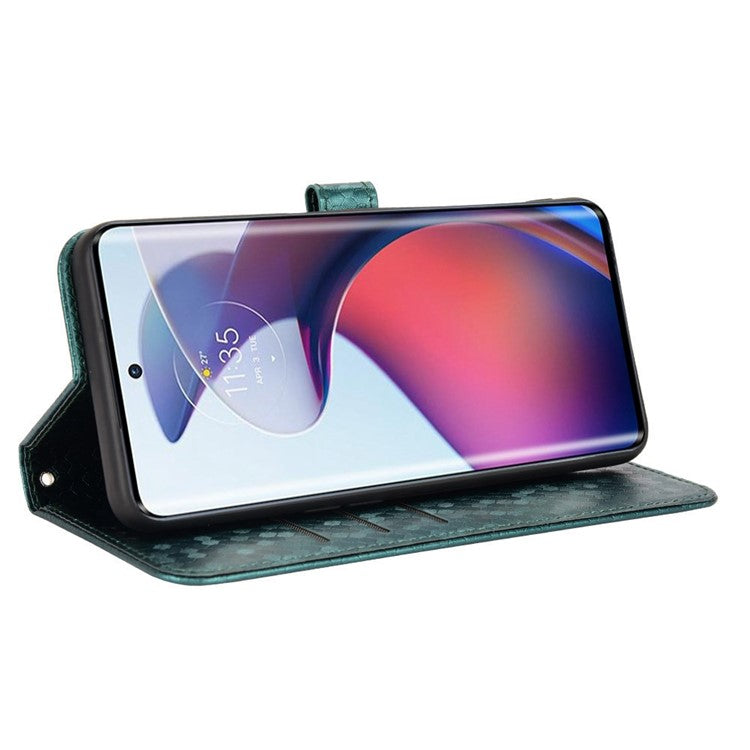 For Motorola Moto S30 Pro 5G PU Leather Dot Pattern Imprinted Stand Case Shockproof Phone Wallet Cover with Strap - Green