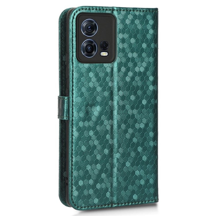 For Motorola Moto S30 Pro 5G PU Leather Dot Pattern Imprinted Stand Case Shockproof Phone Wallet Cover with Strap - Green