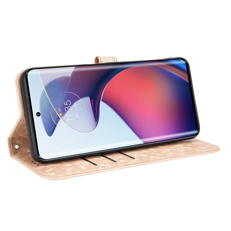 For Motorola Moto S30 Pro 5G PU Leather Dot Pattern Imprinted Stand Case Shockproof Phone Wallet Cover with Strap - Rose Gold