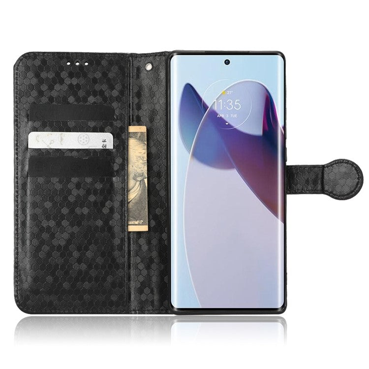 For Motorola Edge 30 Ultra 5G / Moto X30 Pro 5G Wallet Feature PU Leather Flip Cover Fall Proof Dot Pattern Imprinted Magnetic Closure Stand Shockproof TPU Phone Case with Strap - Black