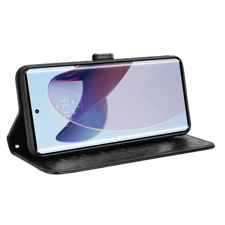 For Motorola Edge 30 Ultra 5G / Moto X30 Pro 5G Wallet Feature PU Leather Flip Cover Fall Proof Dot Pattern Imprinted Magnetic Closure Stand Shockproof TPU Phone Case with Strap - Black