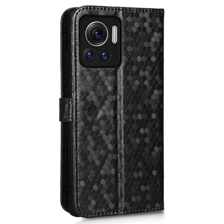 For Motorola Edge 30 Ultra 5G / Moto X30 Pro 5G Wallet Feature PU Leather Flip Cover Fall Proof Dot Pattern Imprinted Magnetic Closure Stand Shockproof TPU Phone Case with Strap - Black