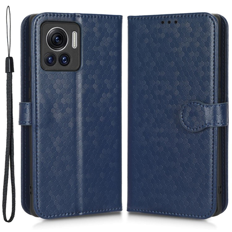 For Motorola Edge 30 Ultra 5G / Moto X30 Pro 5G Wallet Feature PU Leather Flip Cover Fall Proof Dot Pattern Imprinted Magnetic Closure Stand Shockproof TPU Phone Case with Strap - Dark Blue