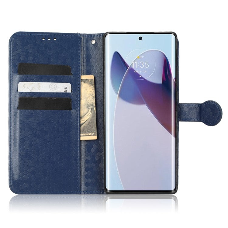 For Motorola Edge 30 Ultra 5G / Moto X30 Pro 5G Wallet Feature PU Leather Flip Cover Fall Proof Dot Pattern Imprinted Magnetic Closure Stand Shockproof TPU Phone Case with Strap - Dark Blue