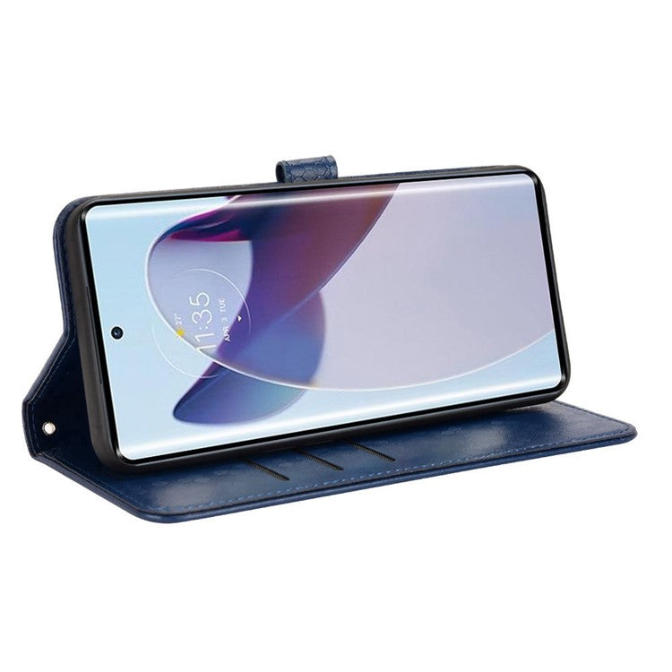 For Motorola Edge 30 Ultra 5G / Moto X30 Pro 5G Wallet Feature PU Leather Flip Cover Fall Proof Dot Pattern Imprinted Magnetic Closure Stand Shockproof TPU Phone Case with Strap - Dark Blue