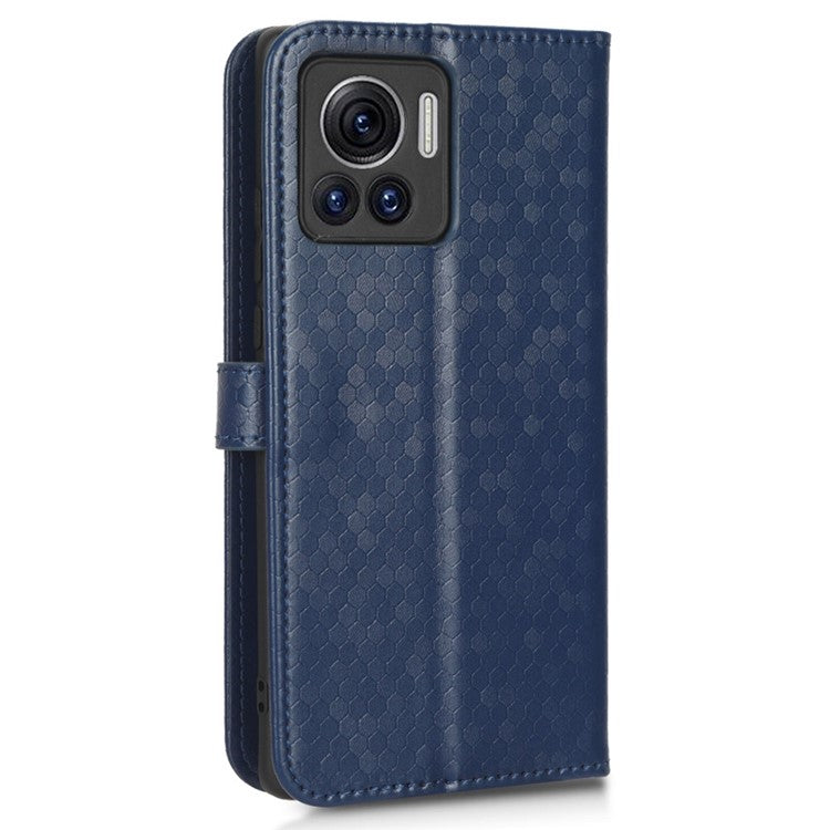 For Motorola Edge 30 Ultra 5G / Moto X30 Pro 5G Wallet Feature PU Leather Flip Cover Fall Proof Dot Pattern Imprinted Magnetic Closure Stand Shockproof TPU Phone Case with Strap - Dark Blue