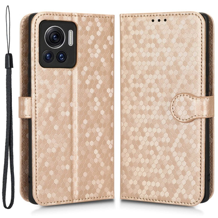 For Motorola Edge 30 Ultra 5G / Moto X30 Pro 5G Wallet Feature PU Leather Flip Cover Fall Proof Dot Pattern Imprinted Magnetic Closure Stand Shockproof TPU Phone Case with Strap - Rose Gold