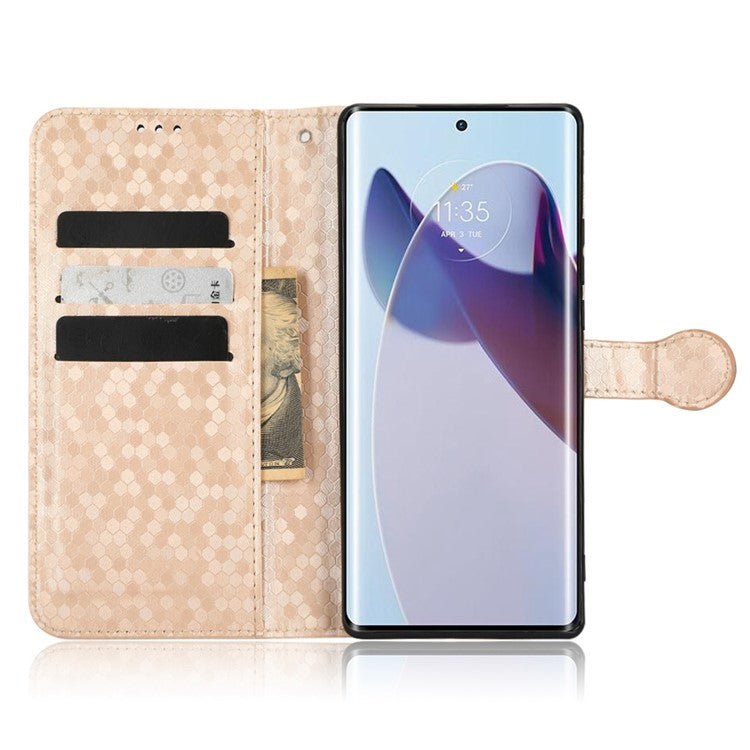 For Motorola Edge 30 Ultra 5G / Moto X30 Pro 5G Wallet Feature PU Leather Flip Cover Fall Proof Dot Pattern Imprinted Magnetic Closure Stand Shockproof TPU Phone Case with Strap - Rose Gold