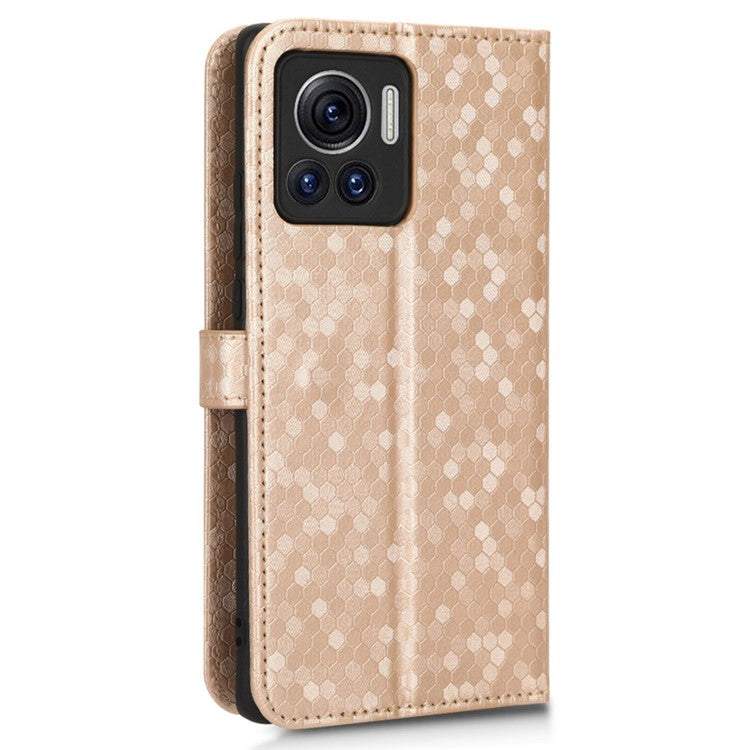 For Motorola Edge 30 Ultra 5G / Moto X30 Pro 5G Wallet Feature PU Leather Flip Cover Fall Proof Dot Pattern Imprinted Magnetic Closure Stand Shockproof TPU Phone Case with Strap - Rose Gold
