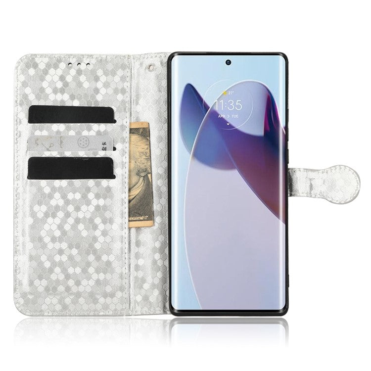 For Motorola Edge 30 Ultra 5G / Moto X30 Pro 5G Wallet Feature PU Leather Flip Cover Fall Proof Dot Pattern Imprinted Magnetic Closure Stand Shockproof TPU Phone Case with Strap - Silver