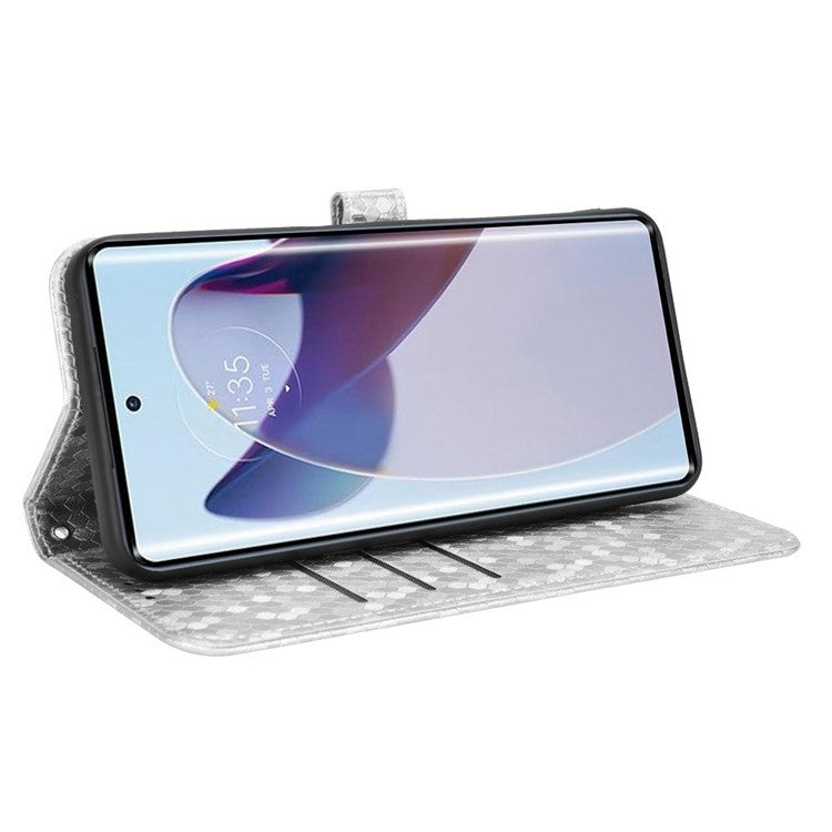 For Motorola Edge 30 Ultra 5G / Moto X30 Pro 5G Wallet Feature PU Leather Flip Cover Fall Proof Dot Pattern Imprinted Magnetic Closure Stand Shockproof TPU Phone Case with Strap - Silver