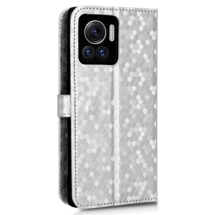 For Motorola Edge 30 Ultra 5G / Moto X30 Pro 5G Wallet Feature PU Leather Flip Cover Fall Proof Dot Pattern Imprinted Magnetic Closure Stand Shockproof TPU Phone Case with Strap - Silver