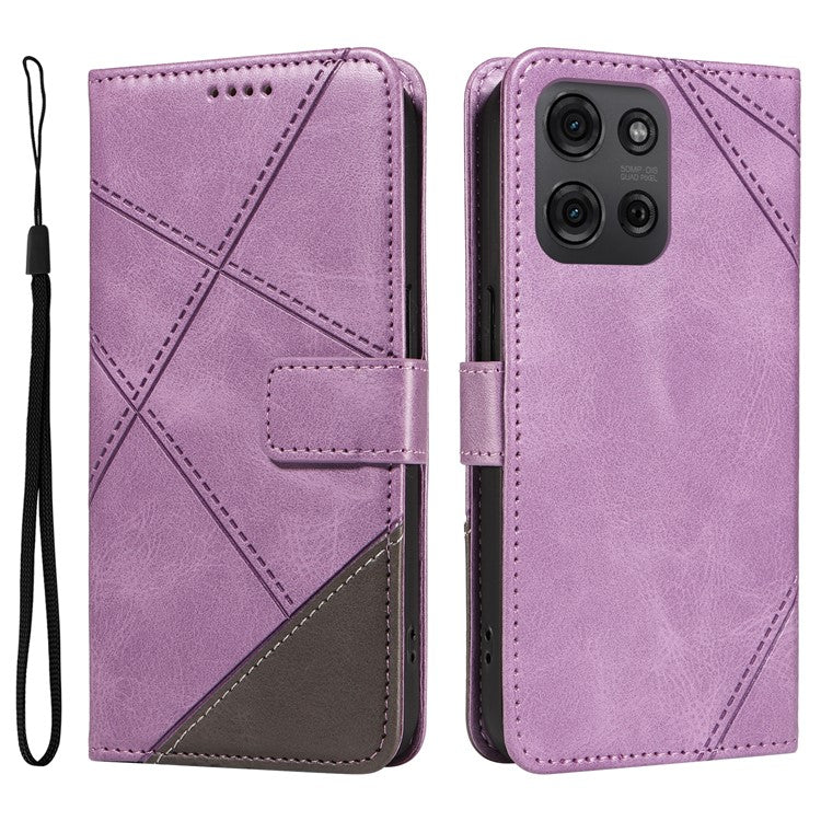 For Motorola Moto G75 5G Case Leather Geometric Line Wallet Phone Cover with Wrist Strap - Light Purple