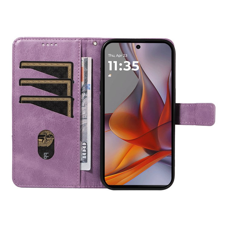 For Motorola Moto G75 5G Case Leather Geometric Line Wallet Phone Cover with Wrist Strap - Light Purple