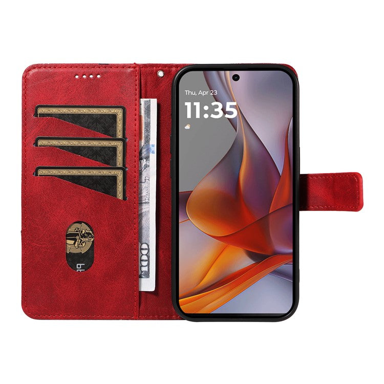 For Motorola Moto G75 5G Case Leather Geometric Line Wallet Phone Cover with Wrist Strap - Red