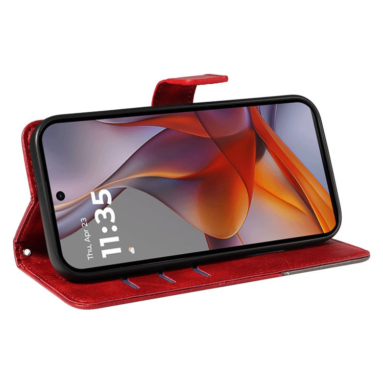 For Motorola Moto G75 5G Case Leather Geometric Line Wallet Phone Cover with Wrist Strap - Red