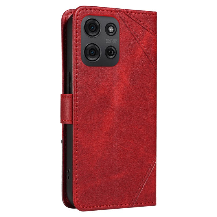 For Motorola Moto G75 5G Case Leather Geometric Line Wallet Phone Cover with Wrist Strap - Red
