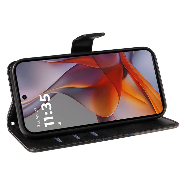 For Motorola Moto G75 5G Case Leather Geometric Line Wallet Phone Cover with Wrist Strap - Black