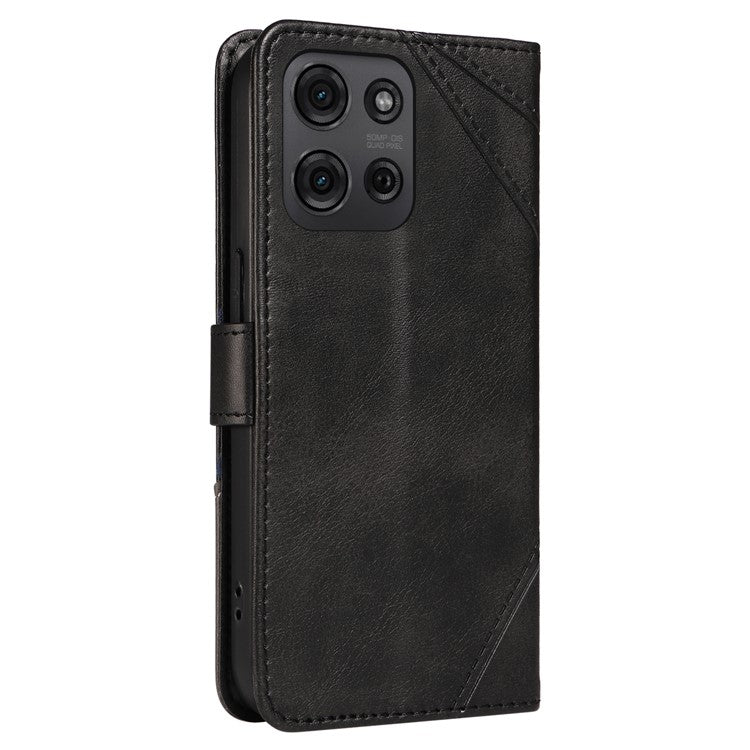 For Motorola Moto G75 5G Case Leather Geometric Line Wallet Phone Cover with Wrist Strap - Black