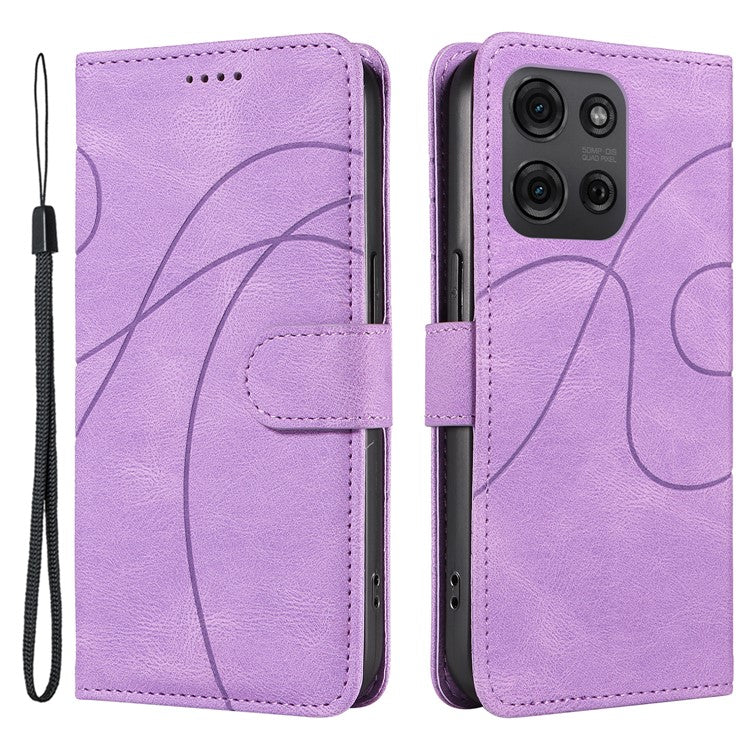 For Motorola Moto G75 5G Case Stand Wallet Leather Phone Cover Curved Line Wrist Strap - Light Purple