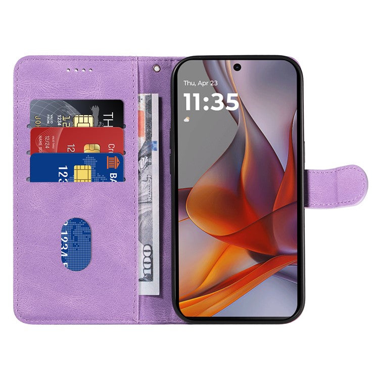 For Motorola Moto G75 5G Case Stand Wallet Leather Phone Cover Curved Line Wrist Strap - Light Purple