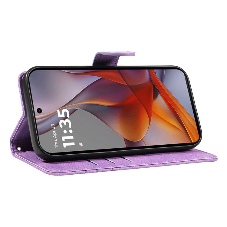 For Motorola Moto G75 5G Case Stand Wallet Leather Phone Cover Curved Line Wrist Strap - Light Purple