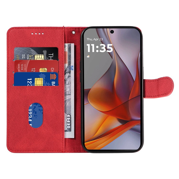 For Motorola Moto G75 5G Case Stand Wallet Leather Phone Cover Curved Line Wrist Strap - Red