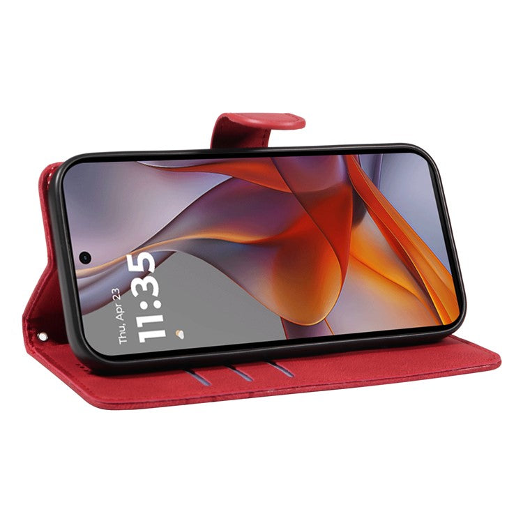 For Motorola Moto G75 5G Case Stand Wallet Leather Phone Cover Curved Line Wrist Strap - Red