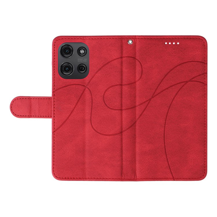 For Motorola Moto G75 5G Case Stand Wallet Leather Phone Cover Curved Line Wrist Strap - Red