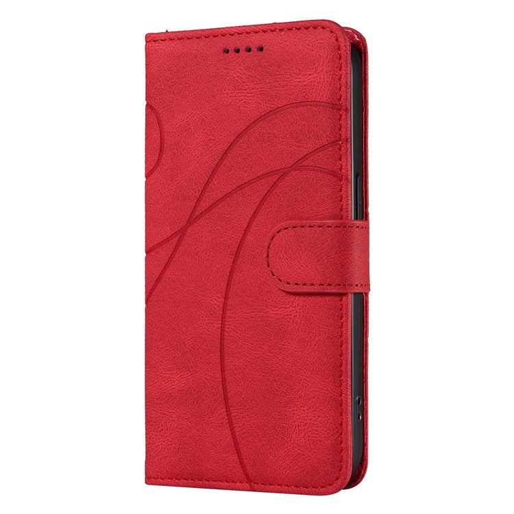 For Motorola Moto G75 5G Case Stand Wallet Leather Phone Cover Curved Line Wrist Strap - Red