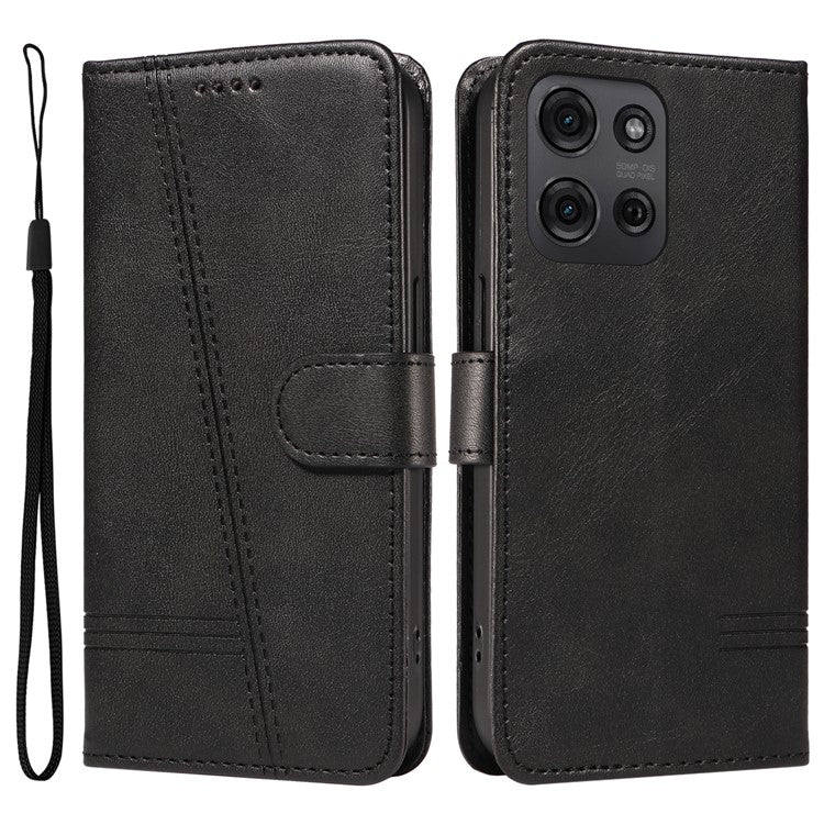 For Motorola Moto G75 5G Case Flip Wallet T-Shape Lines Leather Phone Cover - Black