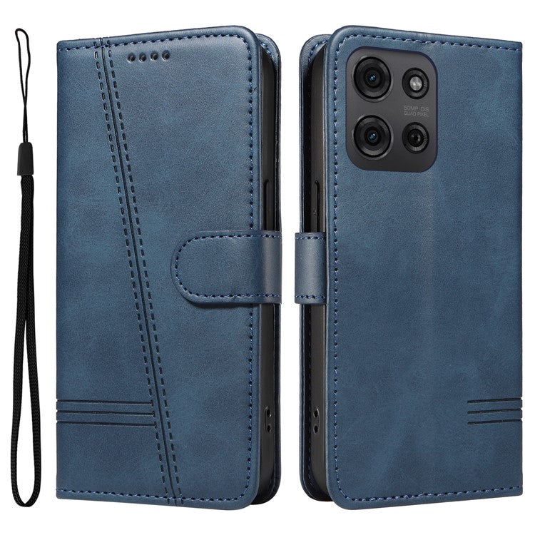 For Motorola Moto G75 5G Case Flip Wallet T-Shape Lines Leather Phone Cover - Blue
