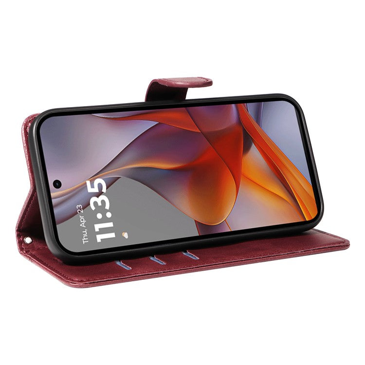 For Motorola Moto G75 5G Case Flip Wallet T-Shape Lines Leather Phone Cover - Wine Red