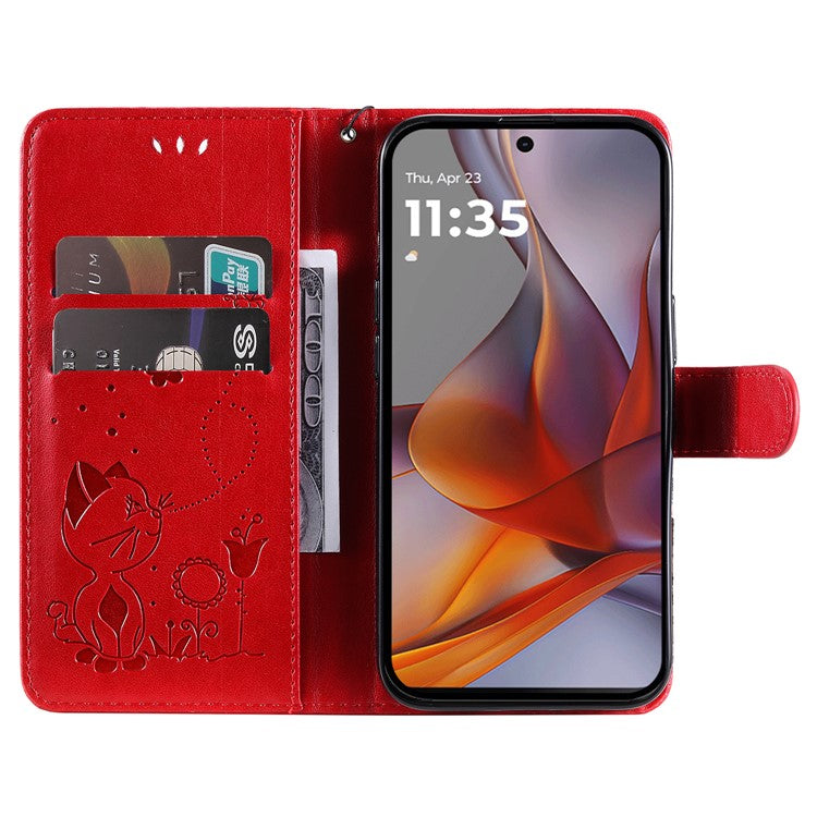 For Motorola Moto G75 5G Case Cat Bee Pattern Leather Phone Cover - Red