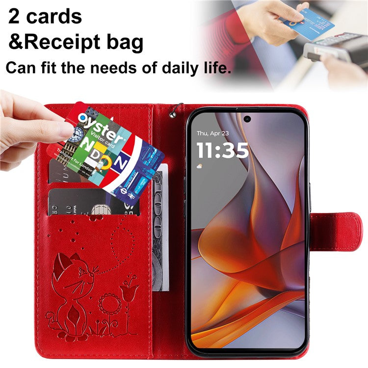 For Motorola Moto G75 5G Case Cat Bee Pattern Leather Phone Cover - Red