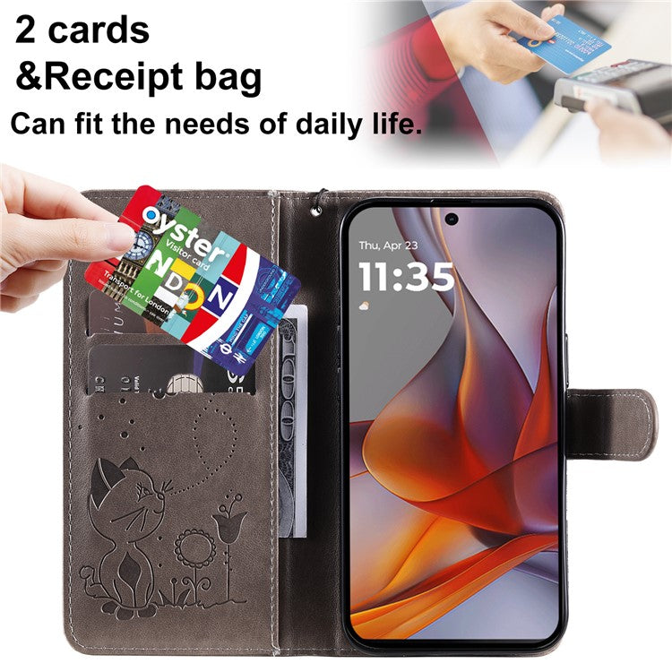 For Motorola Moto G75 5G Case Cat Bee Pattern Leather Phone Cover - Grey