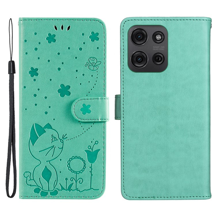 For Motorola Moto G75 5G Case Cat Bee Pattern Leather Phone Cover - Green