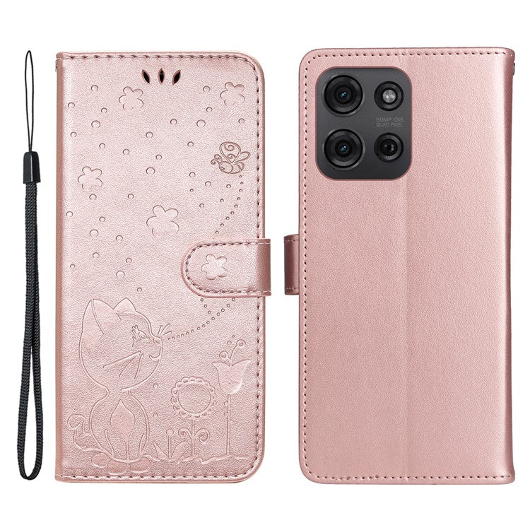 For Motorola Moto G75 5G Case Cat Bee Pattern Leather Phone Cover - Rose Gold