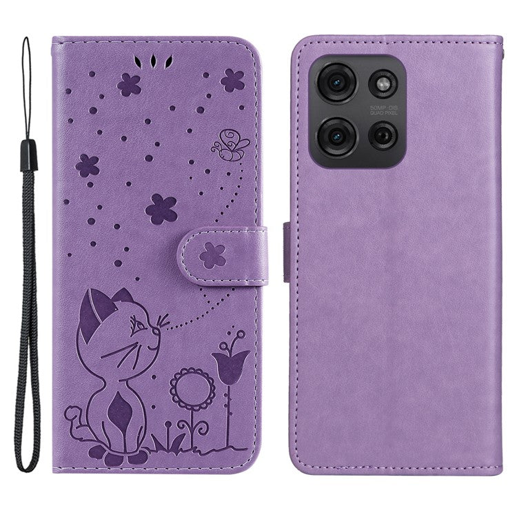 For Motorola Moto G75 5G Case Cat Bee Pattern Leather Phone Cover - Light Purple