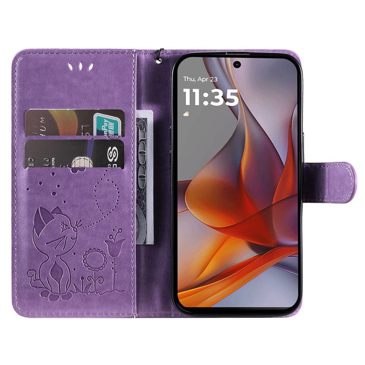 For Motorola Moto G75 5G Case Cat Bee Pattern Leather Phone Cover - Light Purple