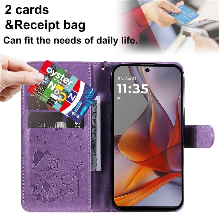For Motorola Moto G75 5G Case Cat Bee Pattern Leather Phone Cover - Light Purple