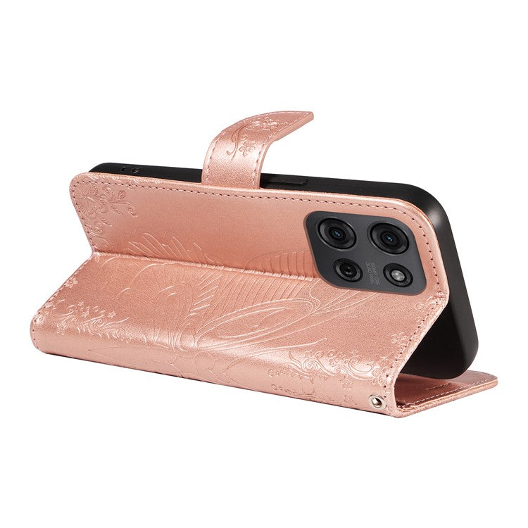 For Motorola Moto G75 5G Case Butterfly Pattern Leather Wallet Flip Phone Cover - Rose Gold